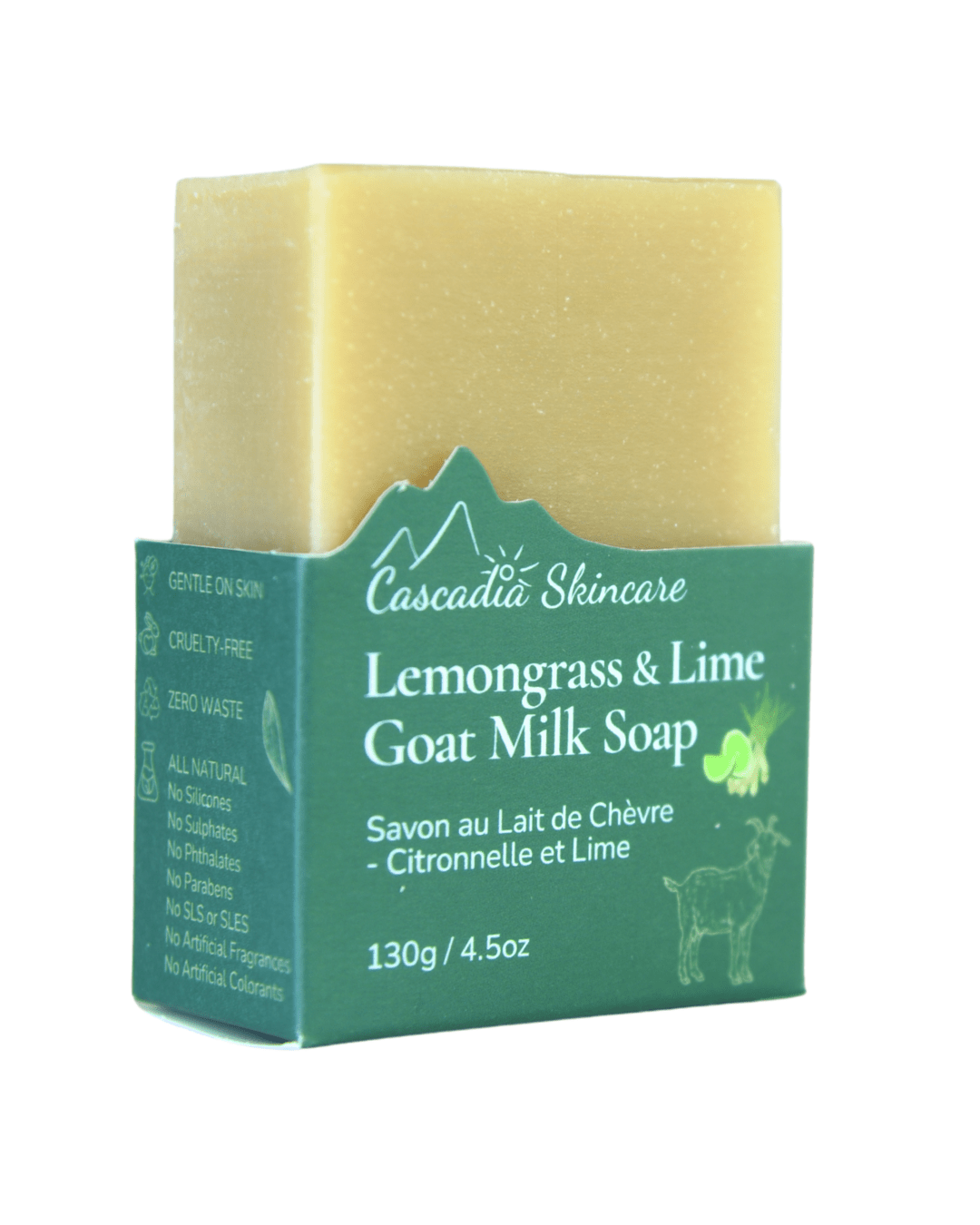 Lemongrass & Lime Goat Milk Soap Bar by Cascadia Skincare in green packaging on a white background